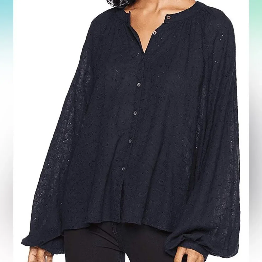 Free People Floral Embroidered Eyelet Oversized Blouse, Navy Blue